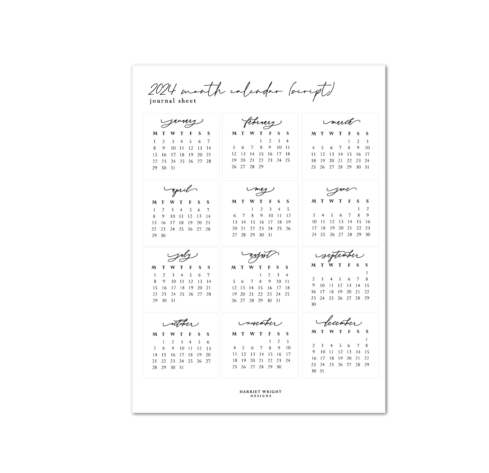 2024 Month Calendars (Script) || 2024 Collection – Harriet Wright Designs
