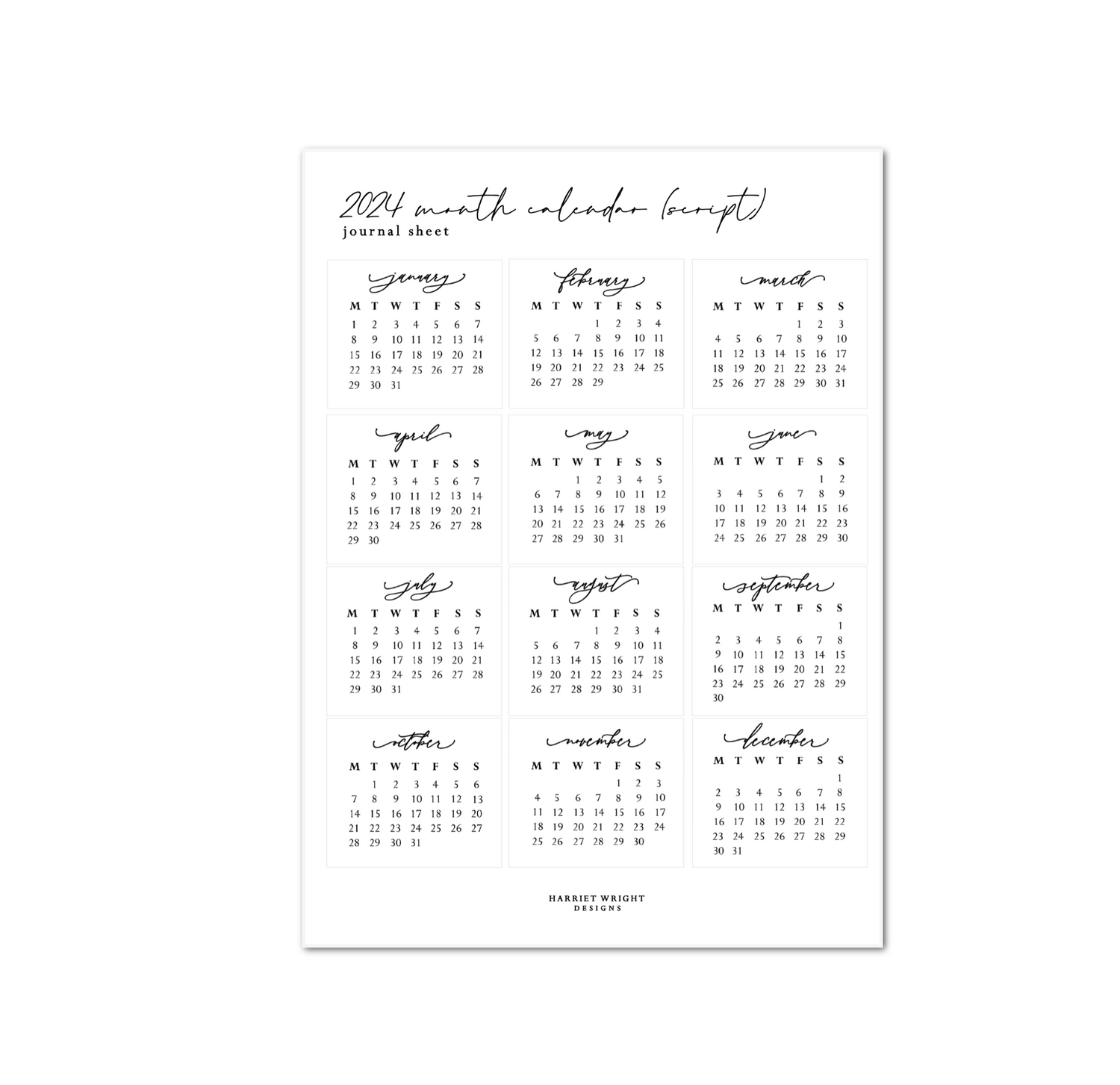 2024 Month Calendars (Script) 2024 Collection Harriet Wright Designs