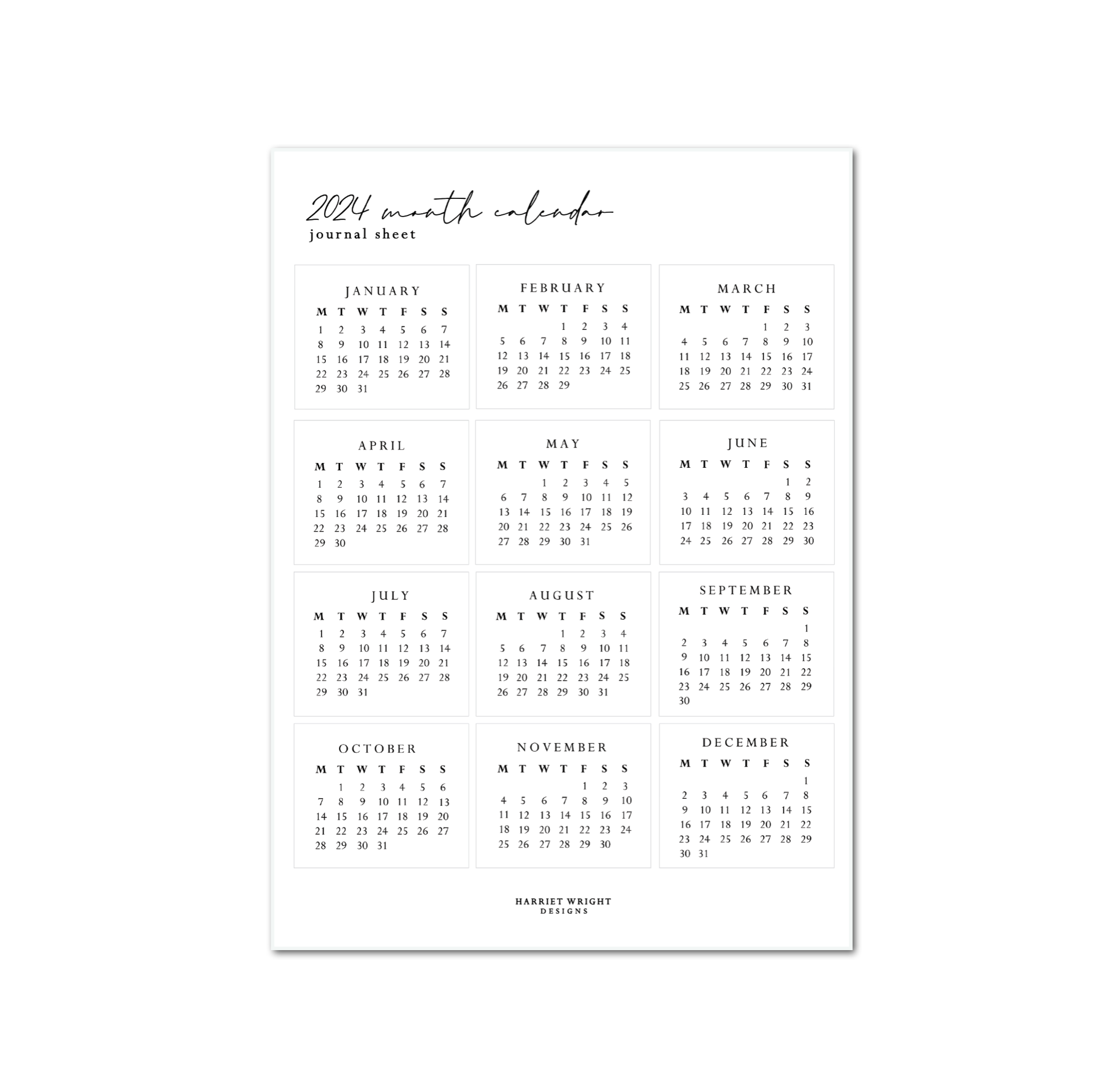 2024 Month Calendars || 2024 Collection – Harriet Wright Designs